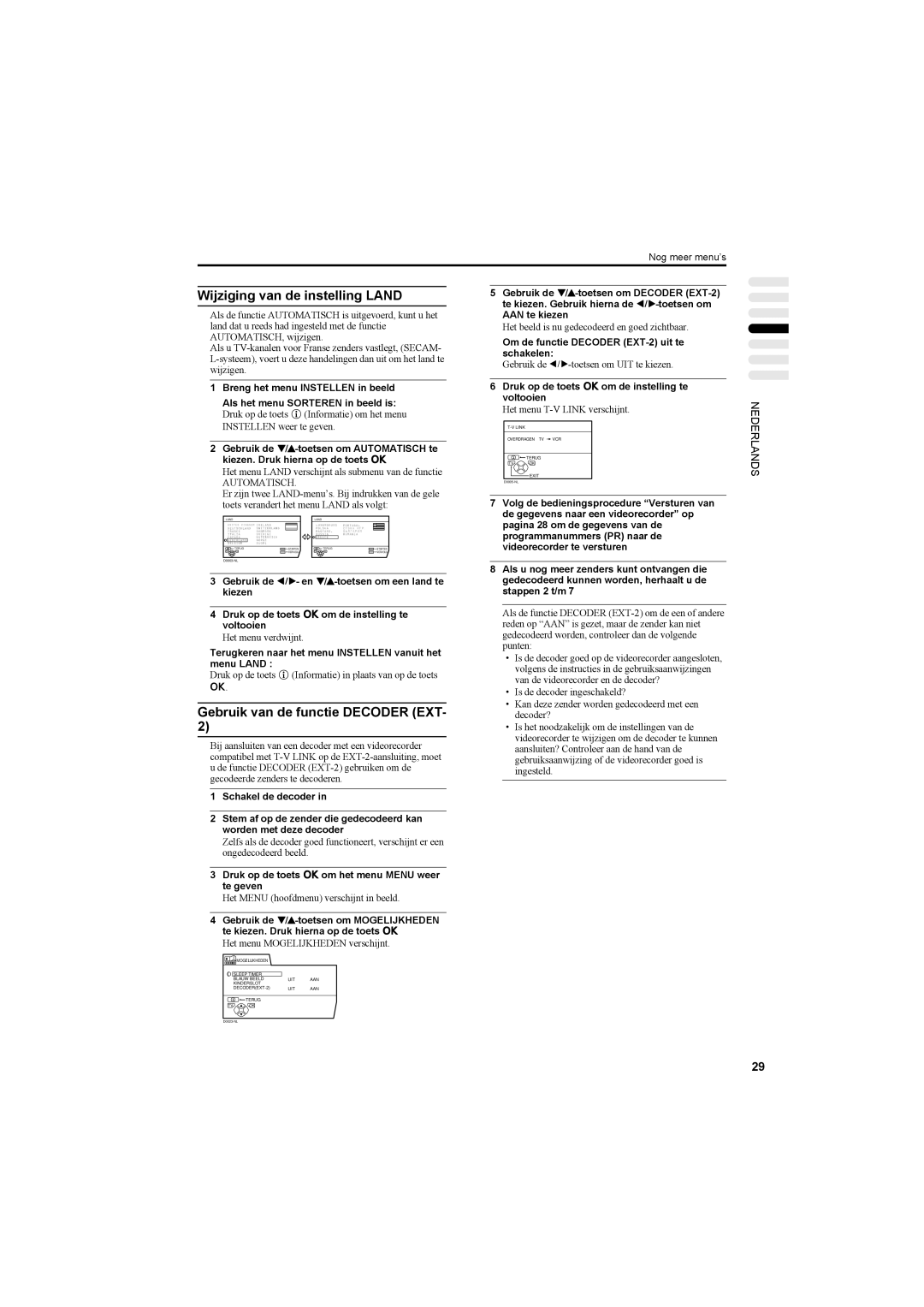 JVC AV42PD20ES manual Wijziging van de instelling Land, Gebruik van de functie Decoder EXT 