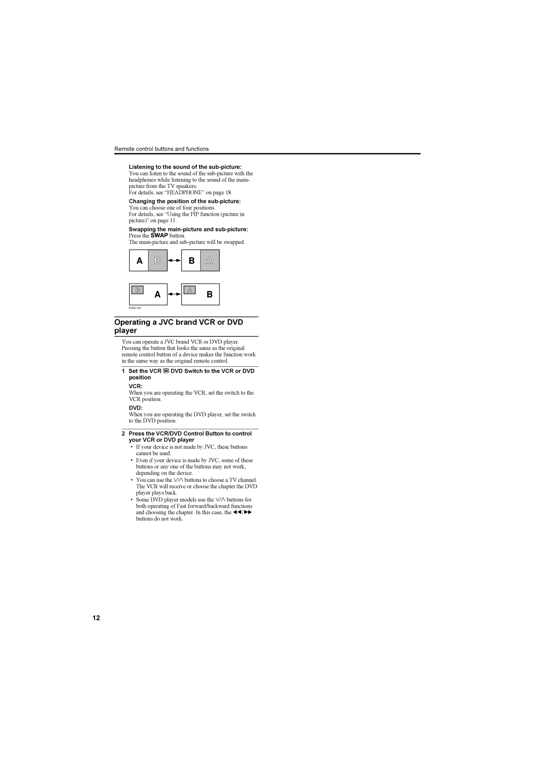 JVC AV42PD20ES manual Operating a JVC brand VCR or DVD player, Swapping the main-picture and sub-picture, Vcr, Dvd 