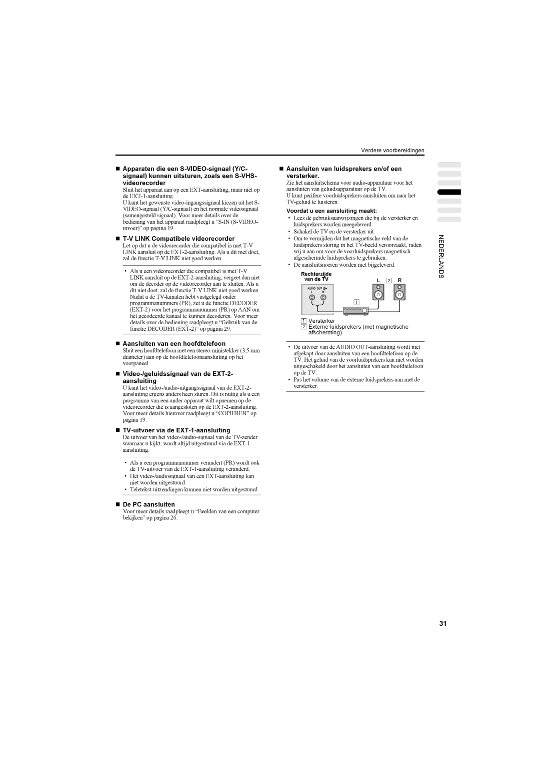 JVC AV42PD20ES manual „ T-V Link Compatibele videorecorder, „ Aansluiten van een hoofdtelefoon, „ De PC aansluiten 