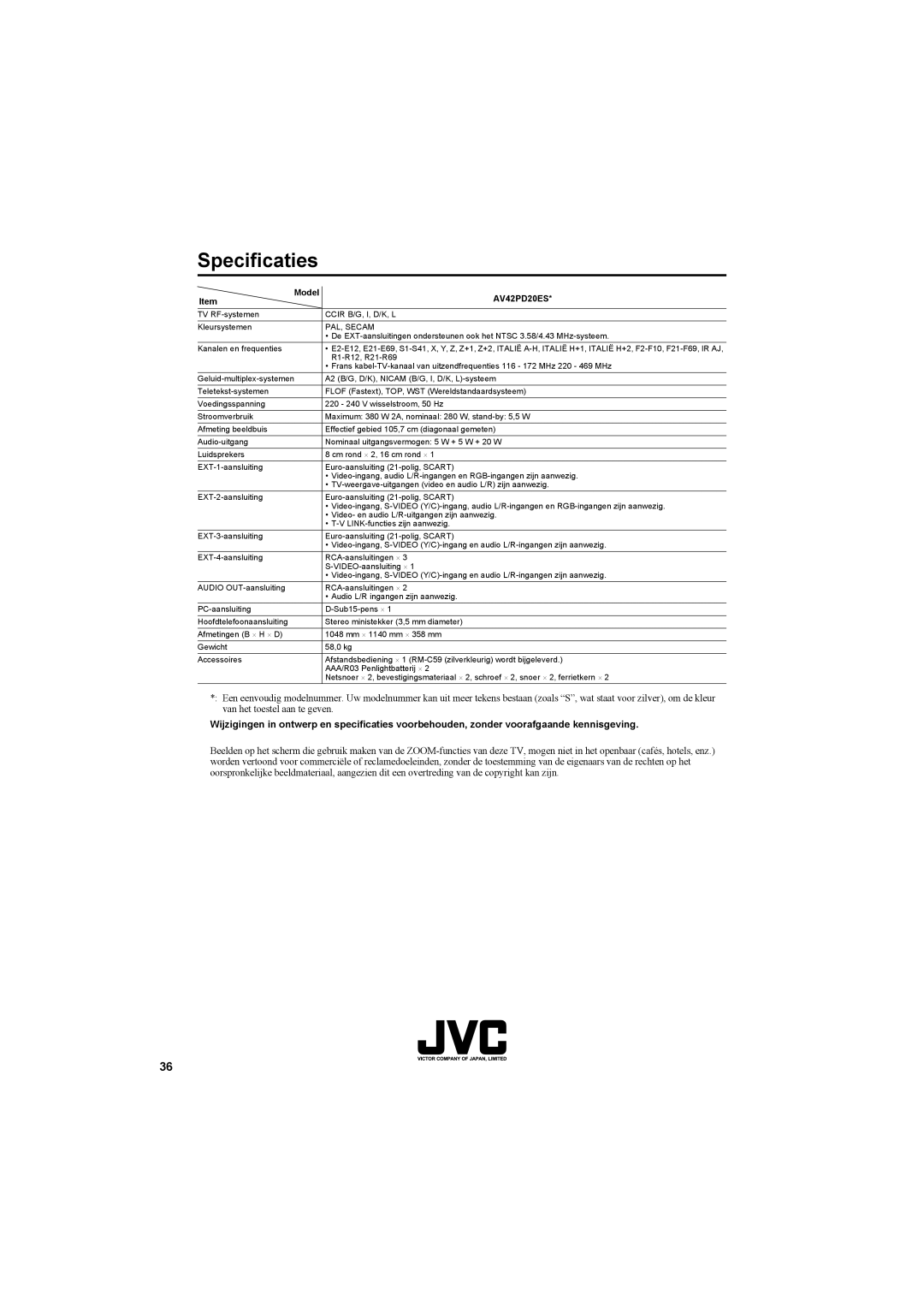 JVC AV42PD20ES manual Specificaties, Kanalen en frequenties 