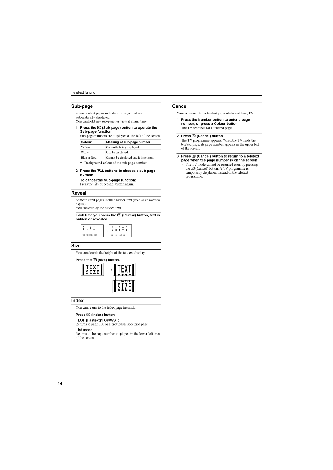 JVC AV42PD20ES manual Sub-page, Cancel, Reveal, Size, Index 