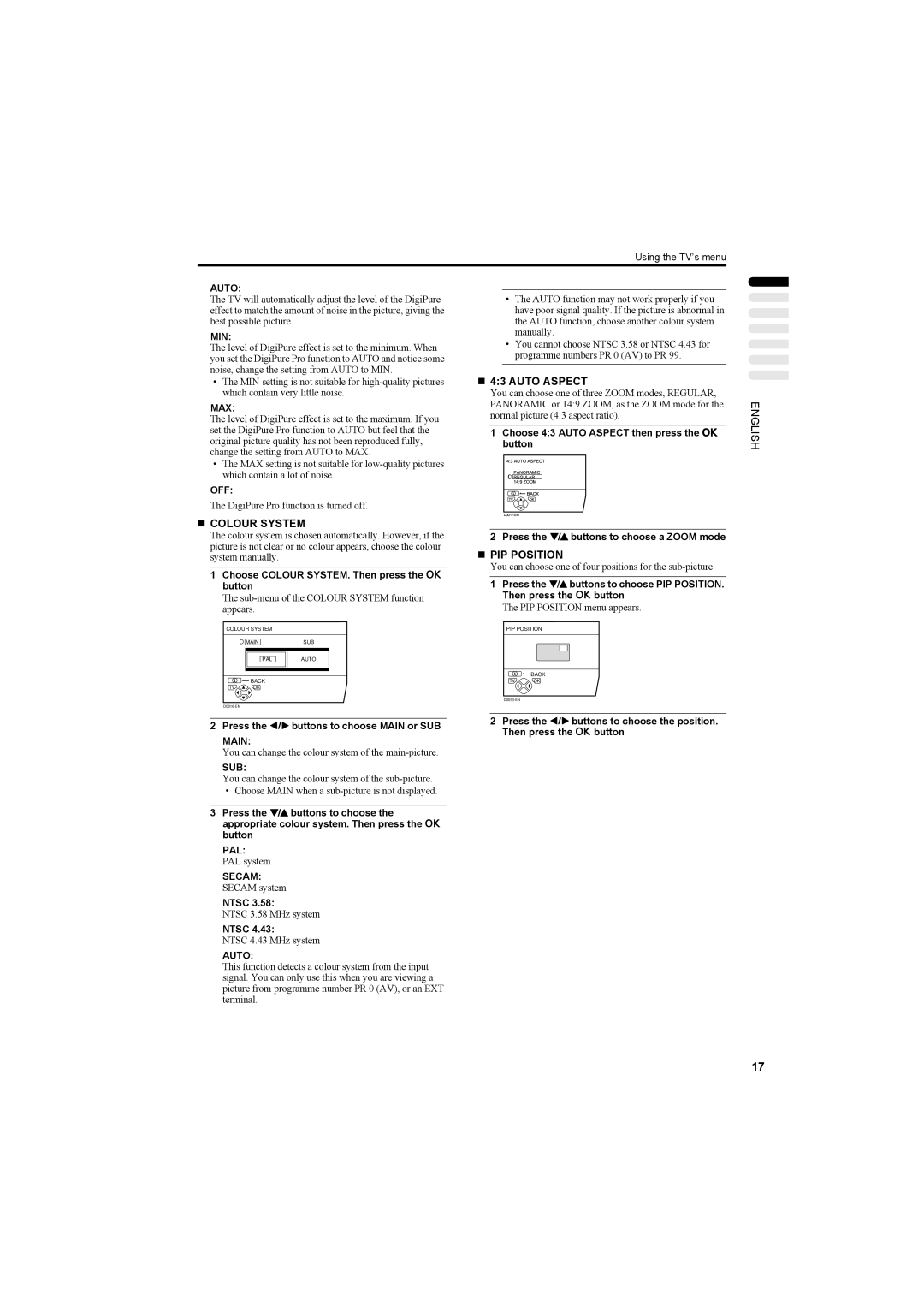 JVC AV42PD20ES manual „ Colour System, „ 43 Auto Aspect, „ PIP Position 