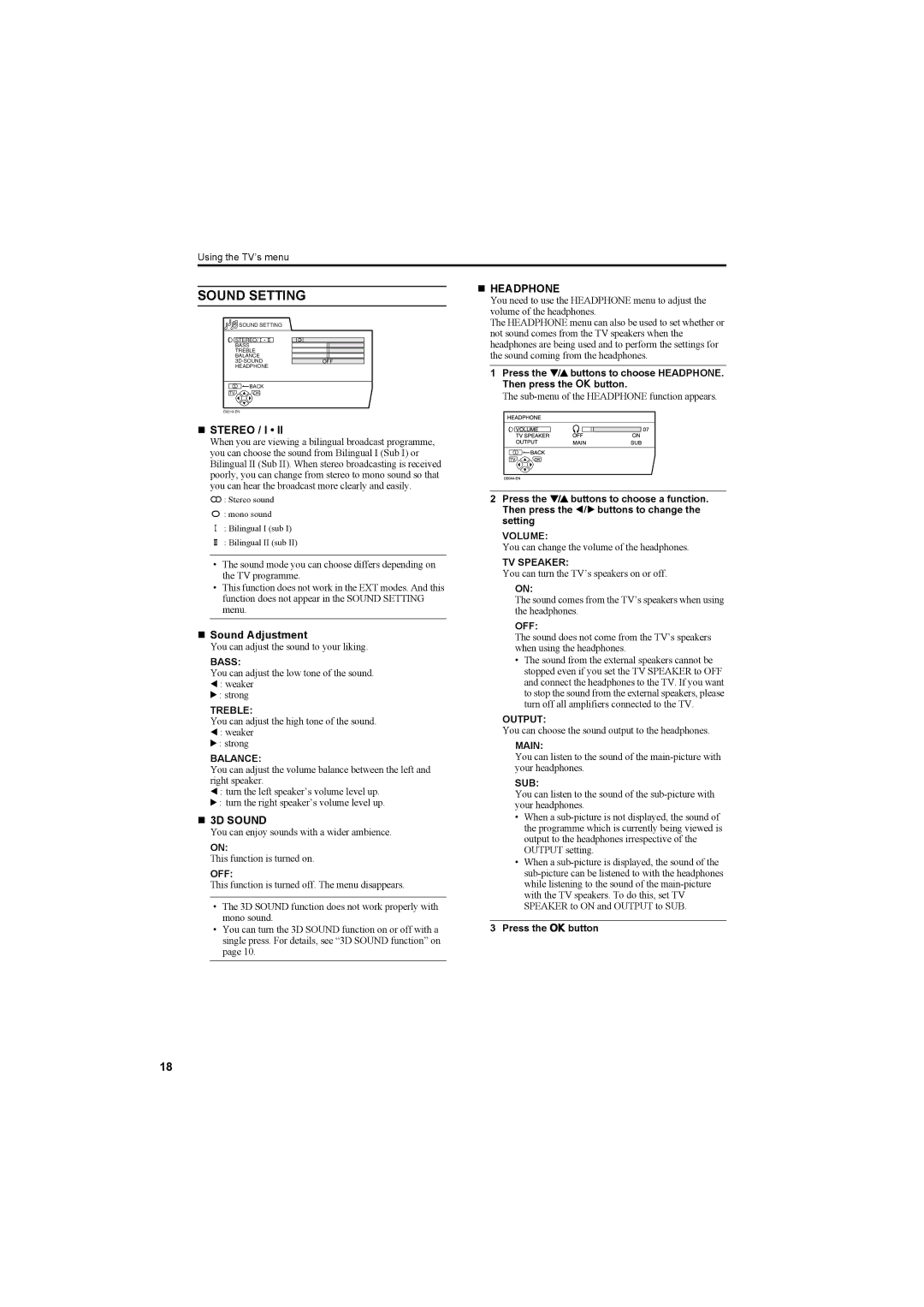 JVC AV42PD20ES manual Sound Setting, „ Stereo / I, „ Sound Adjustment, „ 3D Sound, „ Headphone 