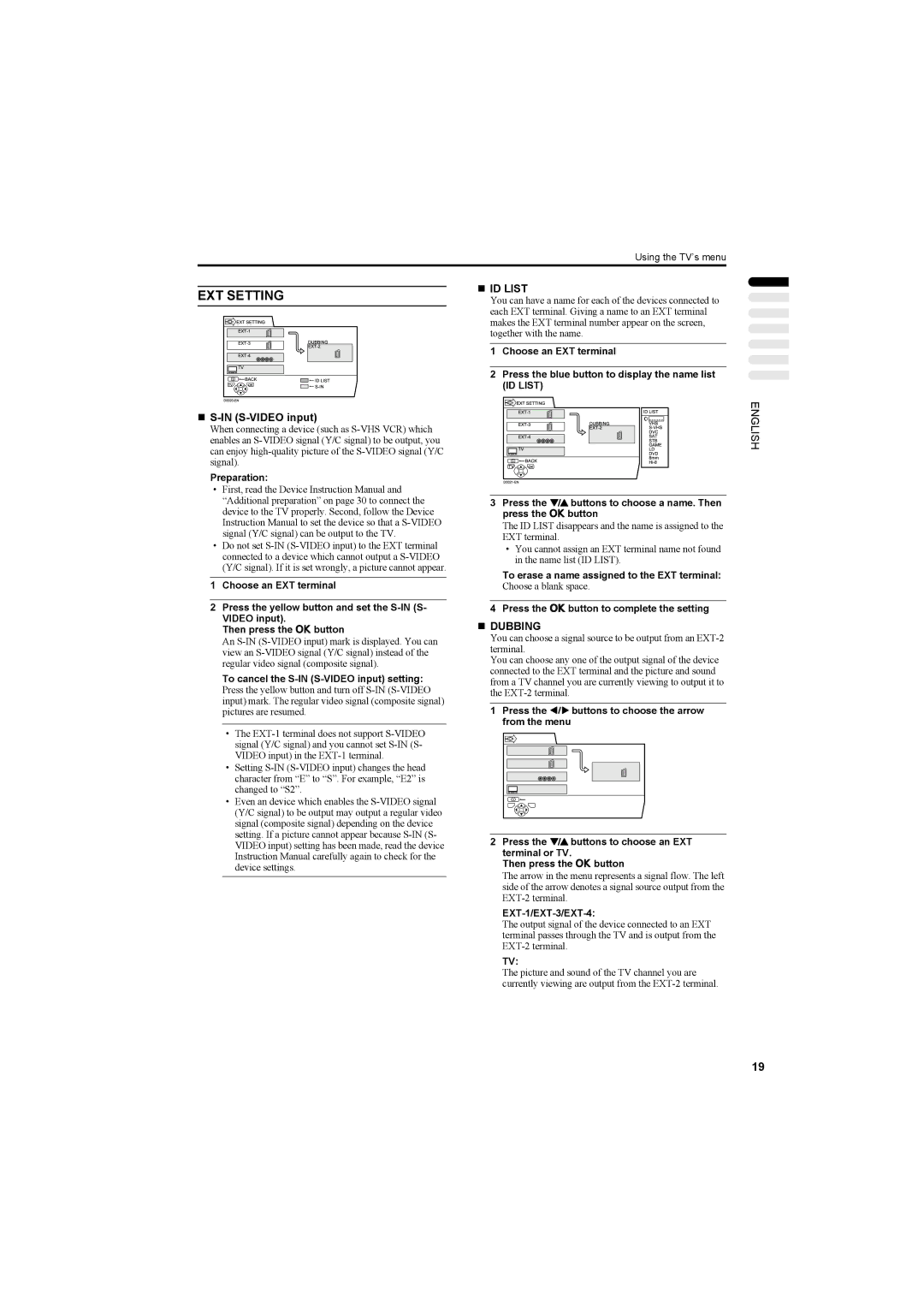 JVC AV42PD20ES manual EXT Setting, „ S-IN S-VIDEO input, „ ID List, „ Dubbing 