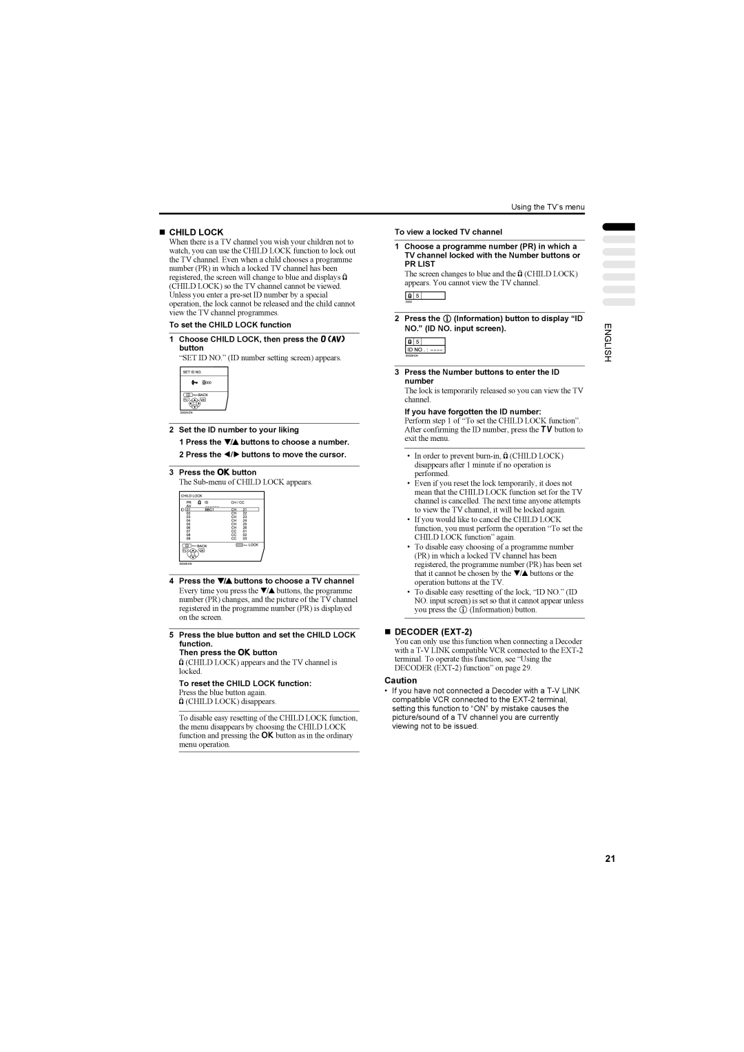 JVC AV42PD20ES manual „ Child Lock, „ Decoder EXT-2 