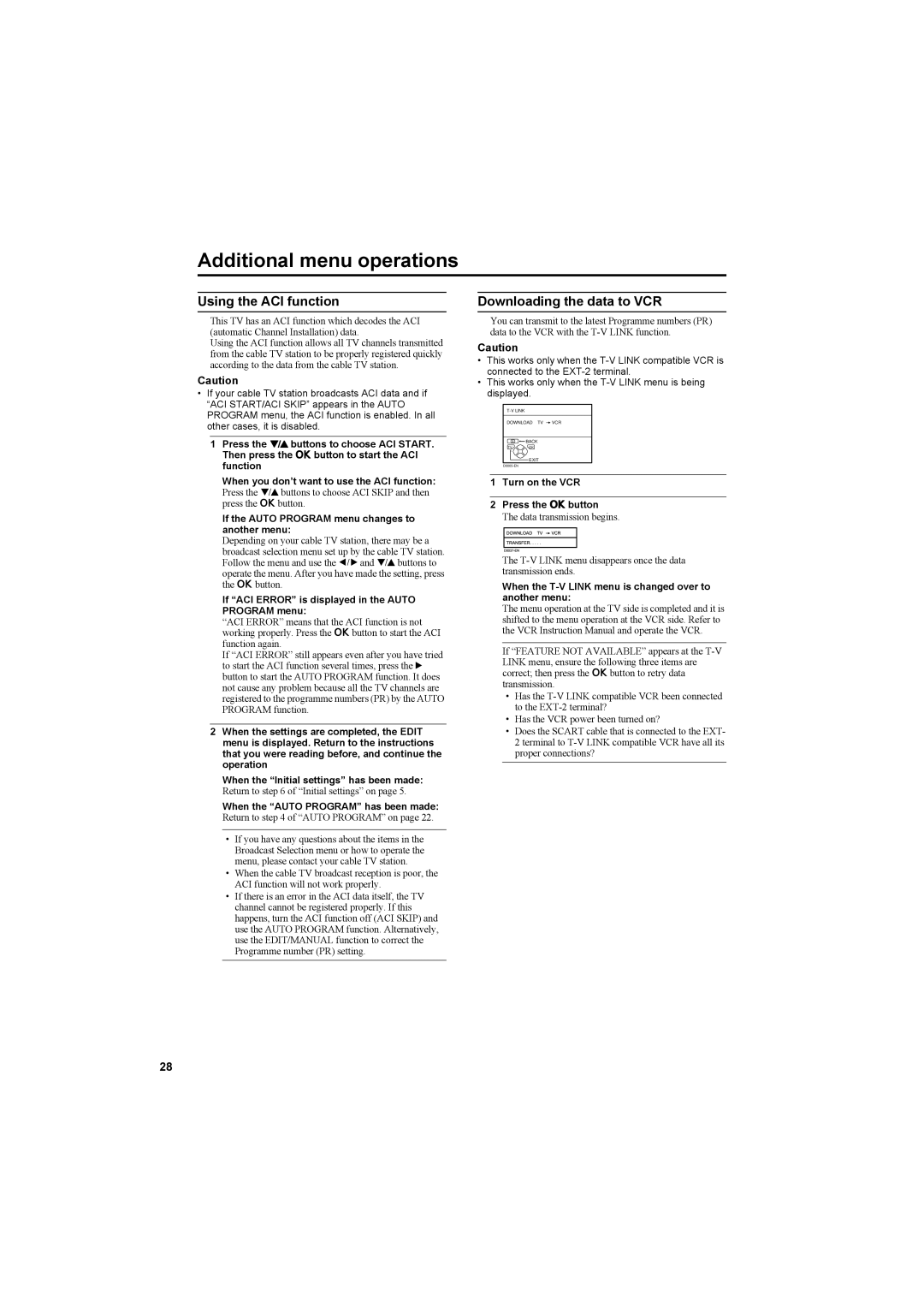 JVC AV42PD20ES manual Additional menu operations, Using the ACI function, Downloading the data to VCR 