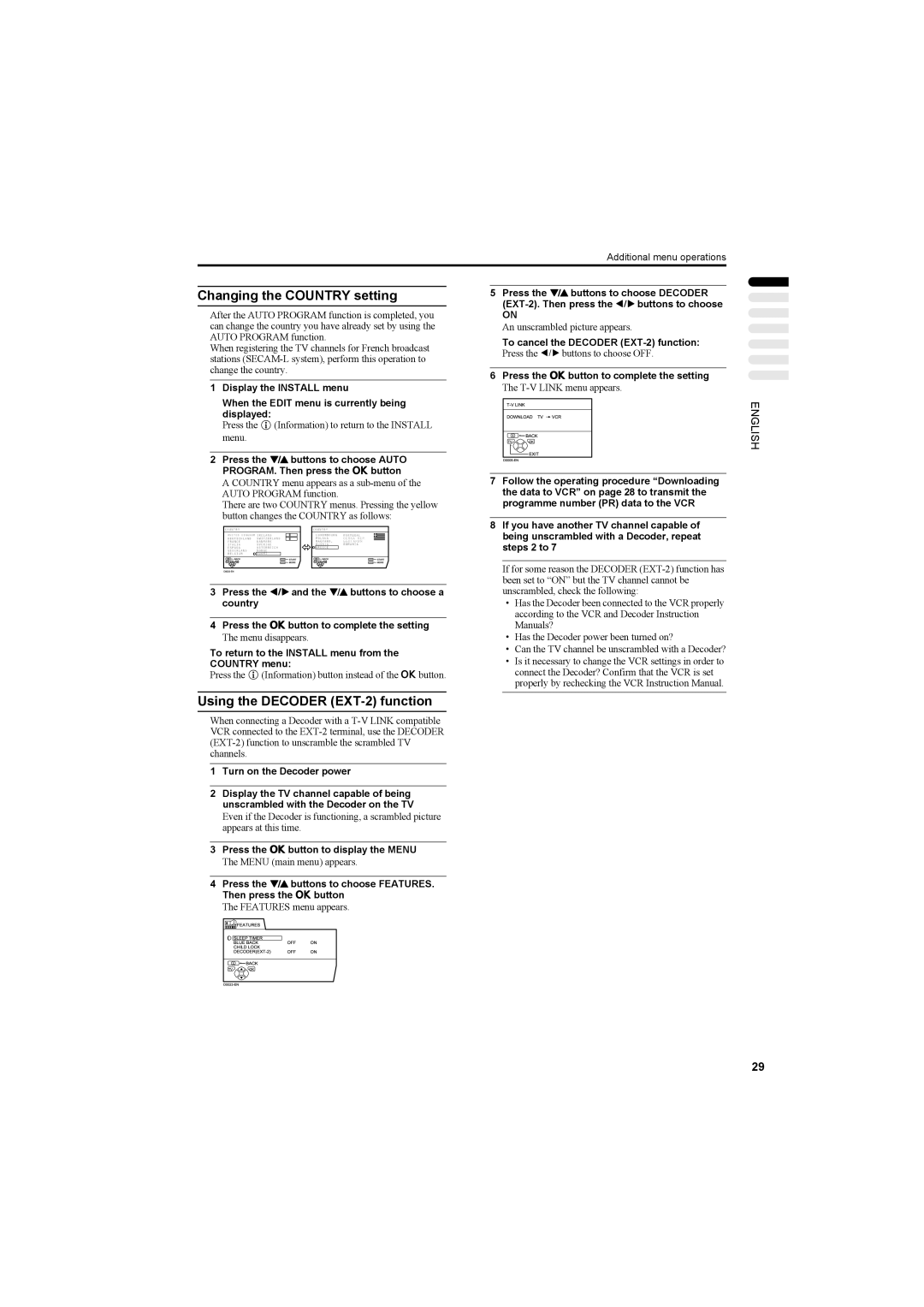 JVC AV42PD20ES manual Changing the Country setting, Using the Decoder EXT-2 function, To cancel the Decoder EXT-2 function 