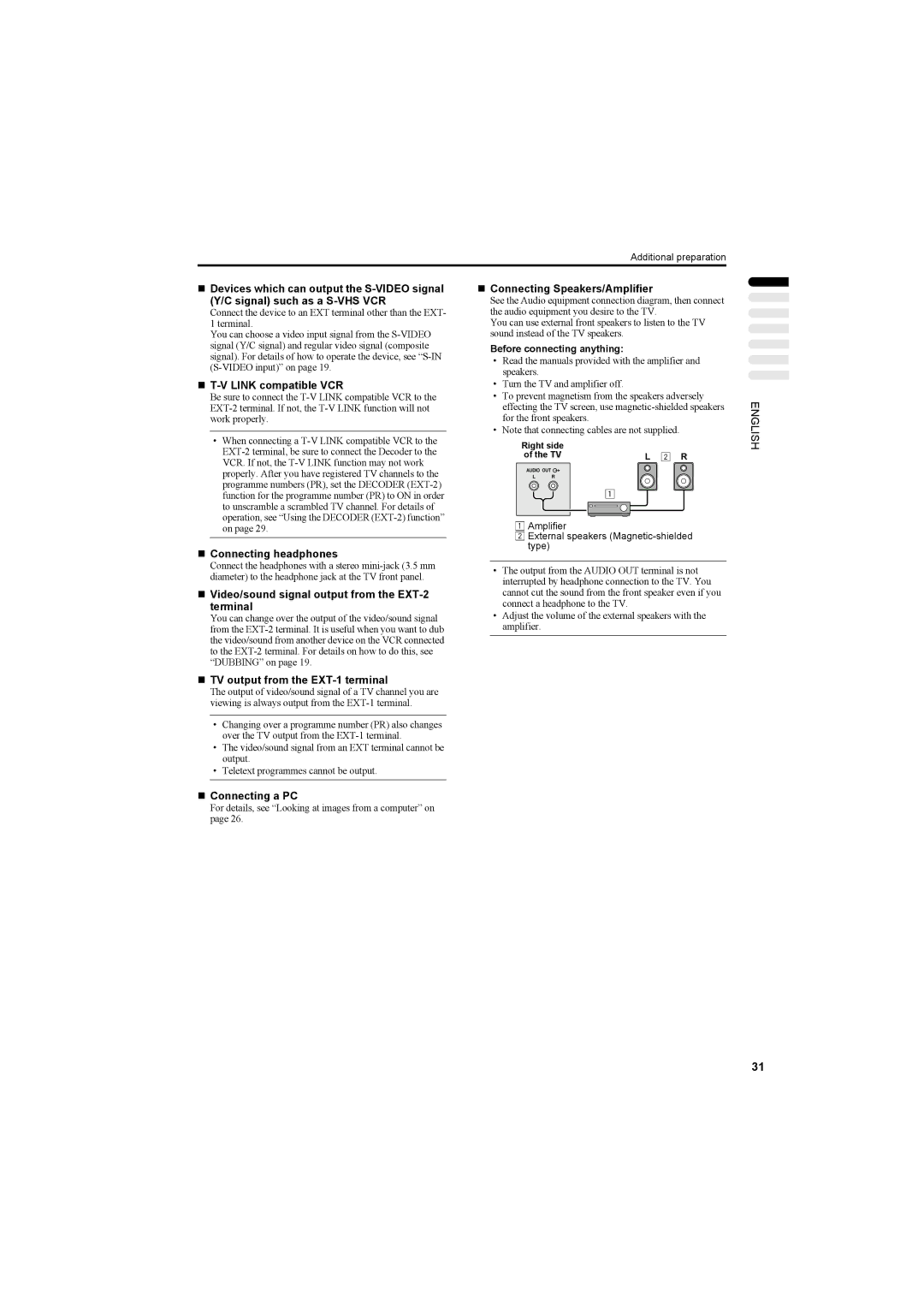 JVC AV42PD20ES manual „ T-V Link compatible VCR, „ Connecting headphones „ Connecting Speakers/Amplifier, „ Connecting a PC 