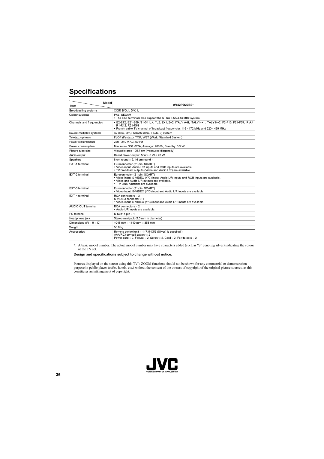 JVC AV42PD20ES manual Specifications, Design and specifications subject to change without notice, Model 