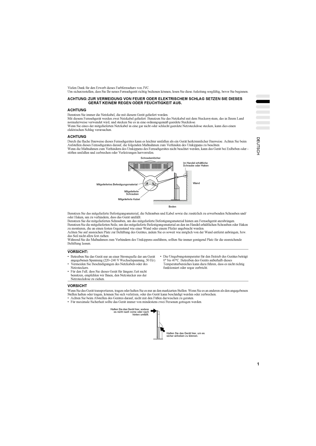 JVC AV42PD20ES manual Achtung, Vorsicht 