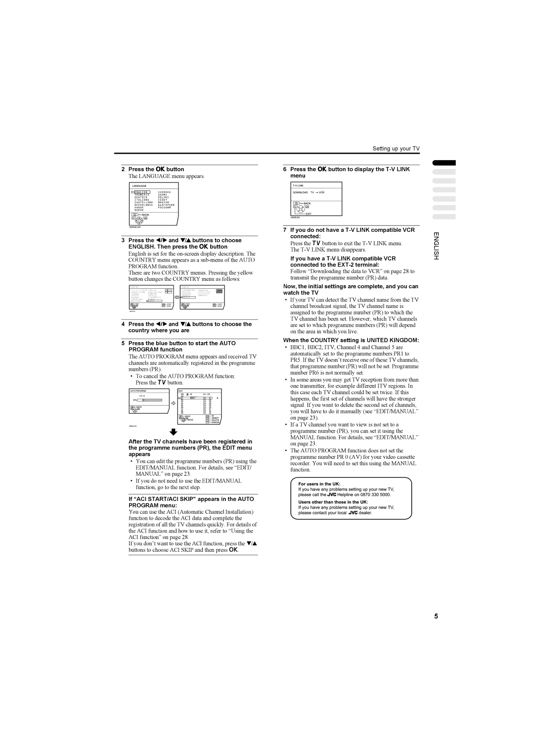 JVC AV42PD20ES manual If ACI START/ACI Skip appears in the Auto Program menu, When the Country setting is United Kingdom 