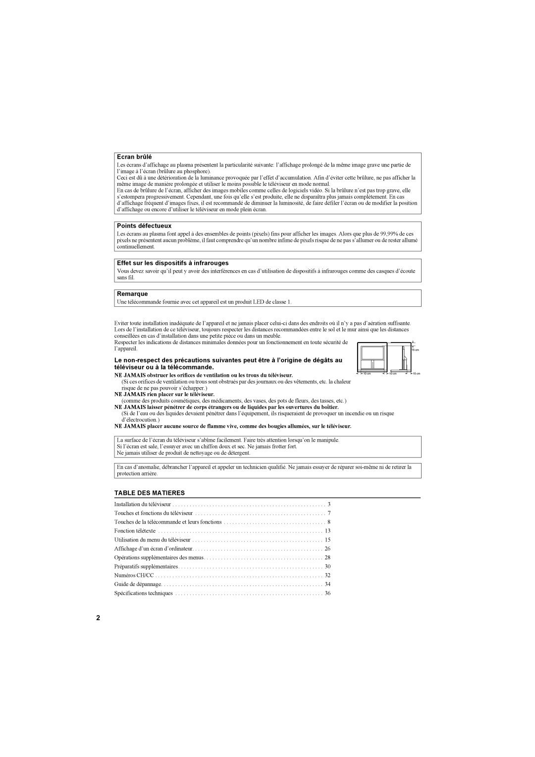 JVC AV42PD20ES manual Ecran brûlé, Points défectueux, Effet sur les dispositifs à infrarouges, Remarque, Table DES Matieres 