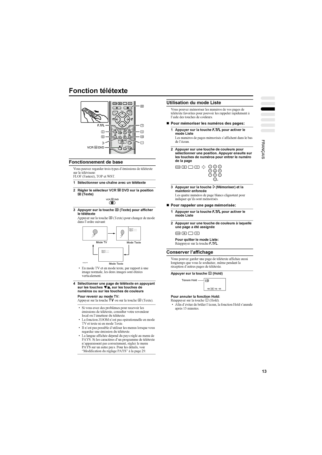 JVC AV42PD20ES manual Fonction télétexte PIP, Fonctionnement de base, Utilisation du mode Liste, Conserver l’affichage 