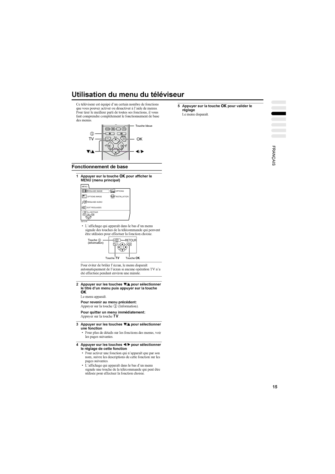 JVC AV42PD20ES manual Utilisation du menu du téléviseur 