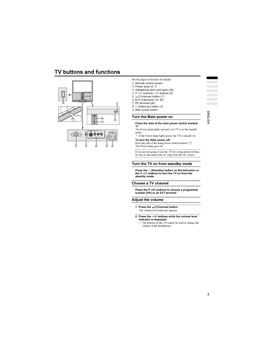 JVC AV42PD20ES TV buttons and functions, Turn the Main power on, Turn the TV on from standby mode, Choose a TV channel 