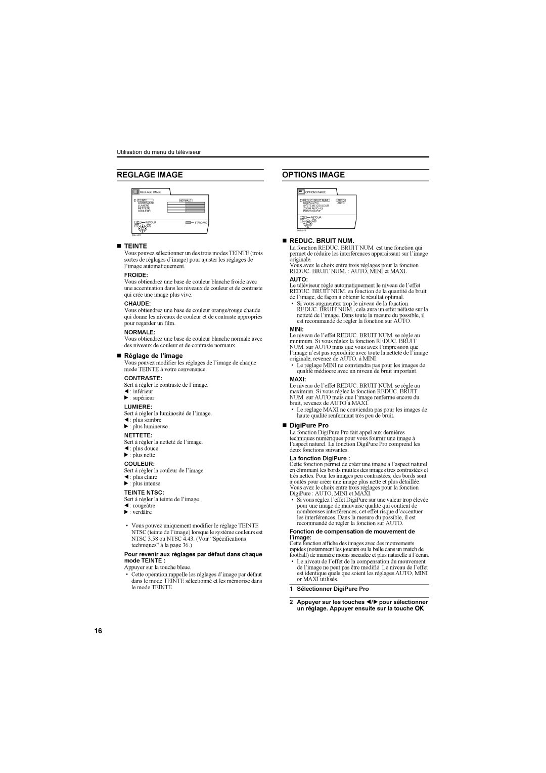 JVC AV42PD20ES manual Reglage Image, Options Image, „ Teinte, „ Réglage de l’image, „ REDUC. Bruit NUM 