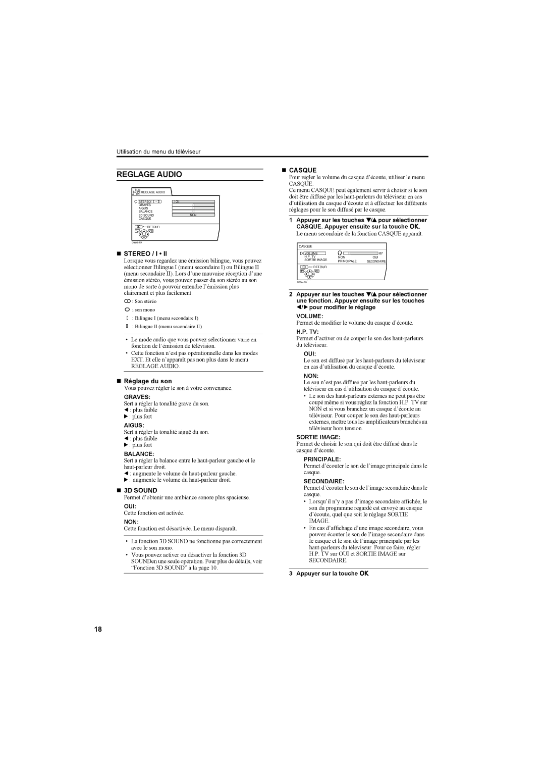 JVC AV42PD20ES manual Reglage Audio, „ Réglage du son, „ Casque 