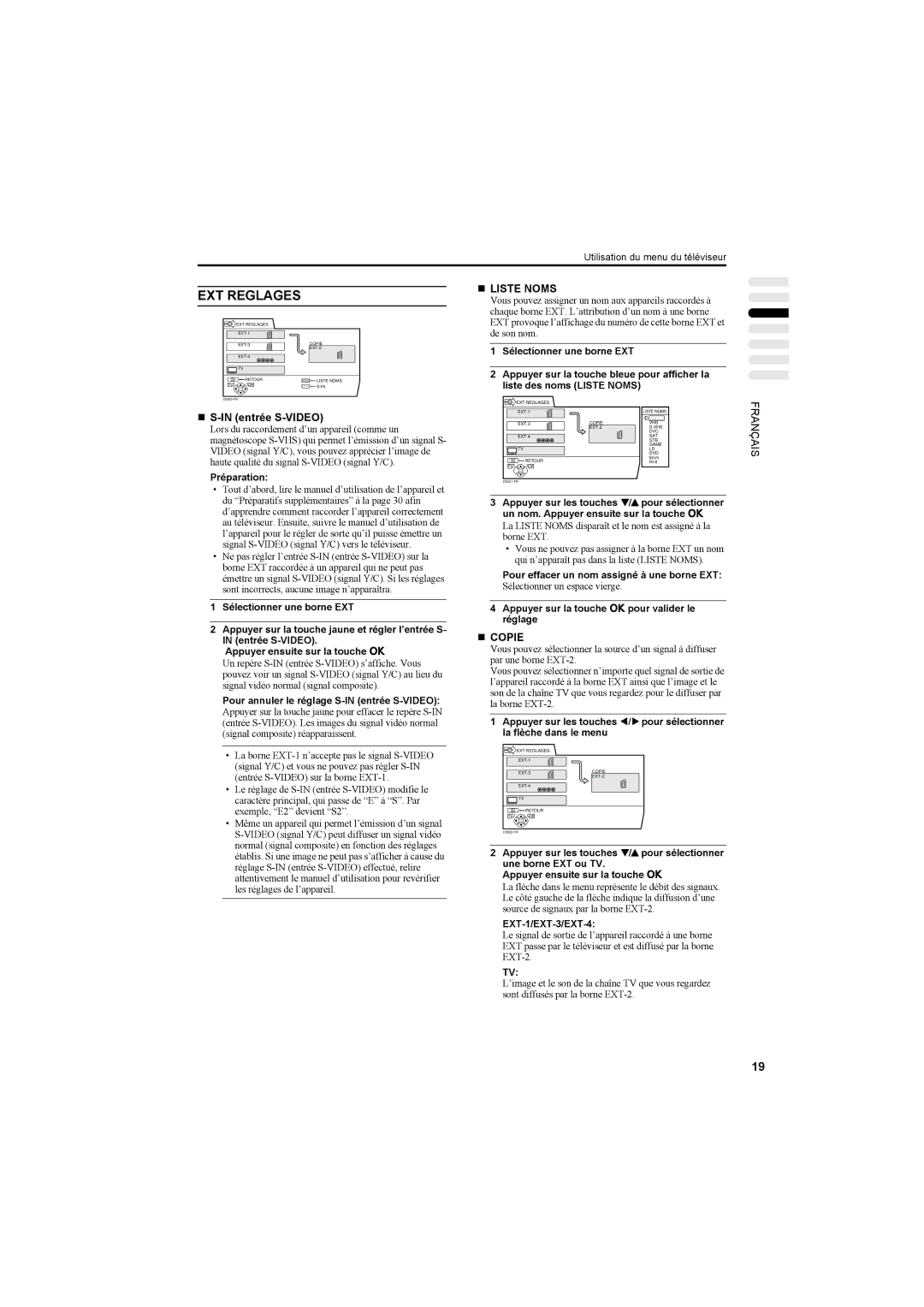 JVC AV42PD20ES manual EXT Reglages, „ S-IN entrée S-VIDEO, „ Liste Noms, „ Copie 