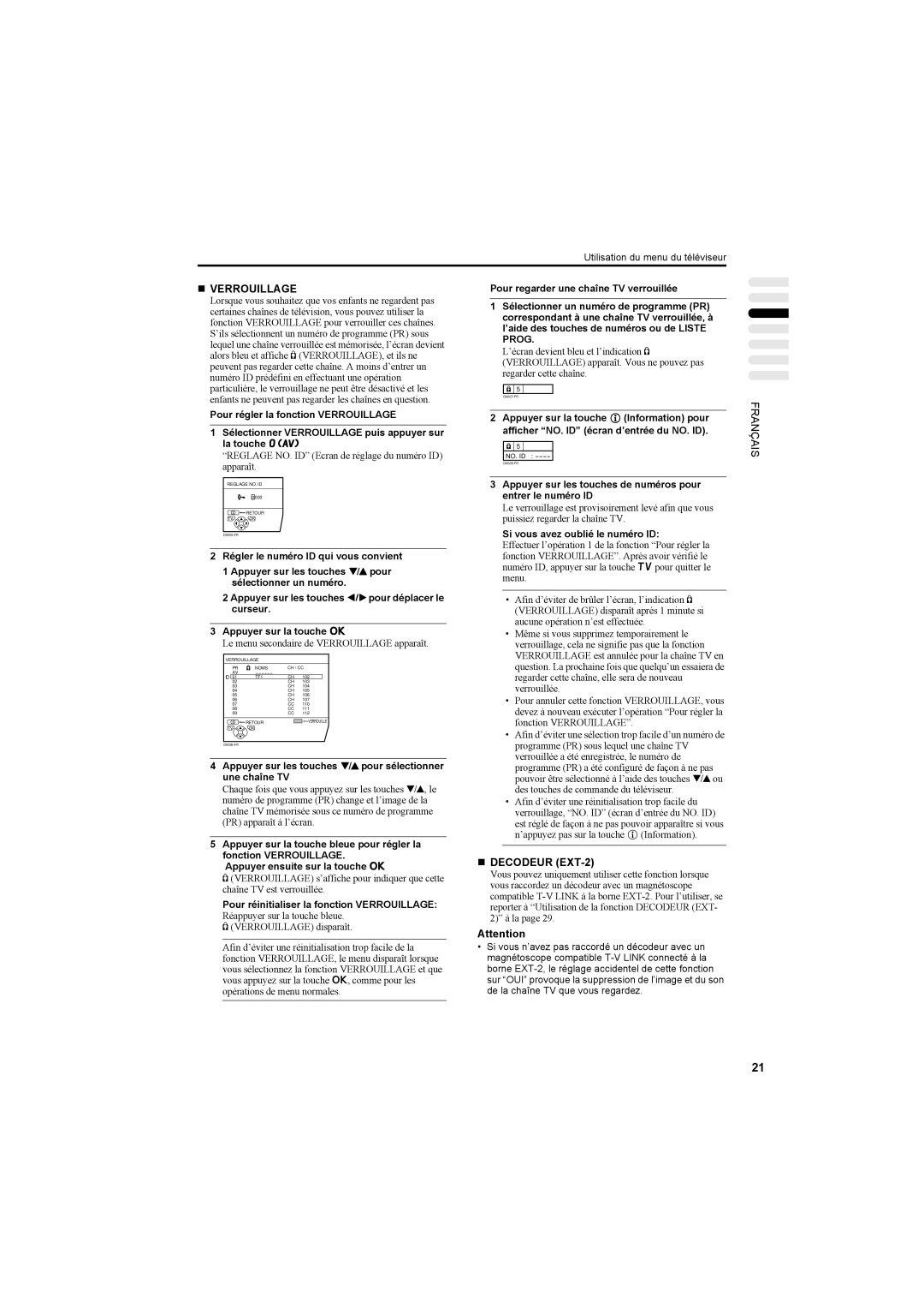 JVC AV42PD20ES manual „ Verrouillage, „ Decodeur EXT-2 