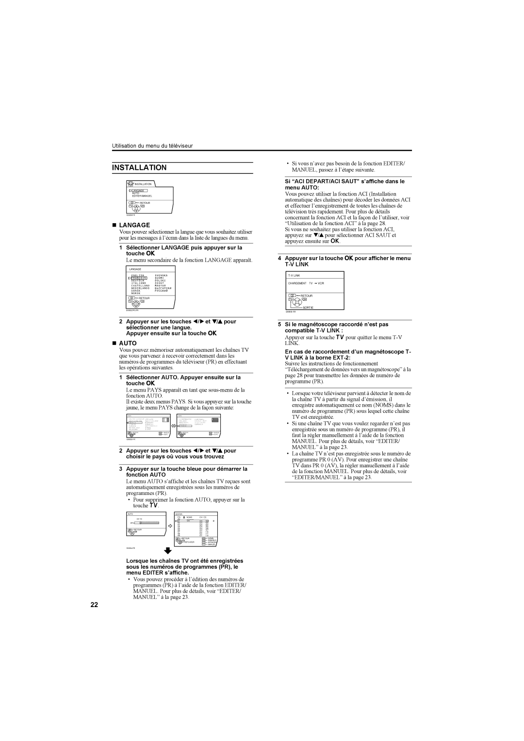 JVC AV42PD20ES manual Installation, „ Langage, Sélectionner Langage puis appuyer sur la touche a 