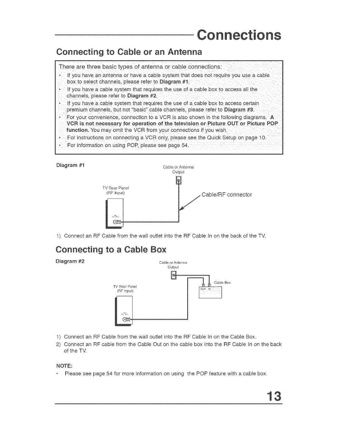 JVC AVO56WF30, AVO48WP30 manual Connecting to Cable or an Antenna, Cabte/RF connector 