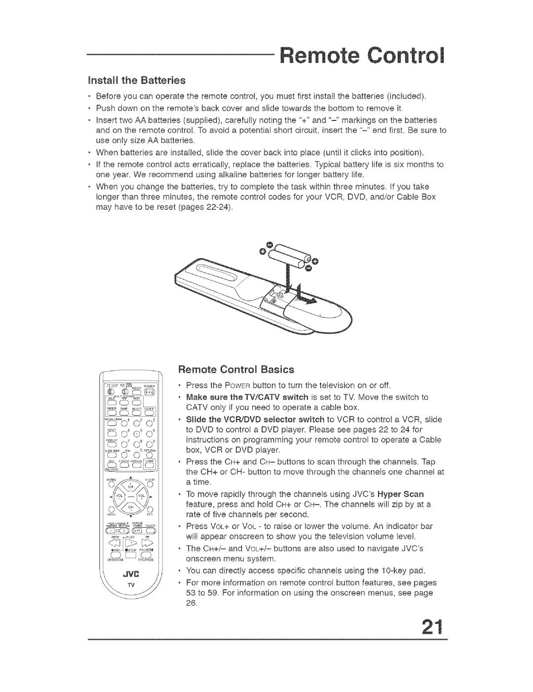 JVC AVO56WF30, AVO48WP30 manual Install the Batteries, O 2 o, Remote Control Basics 