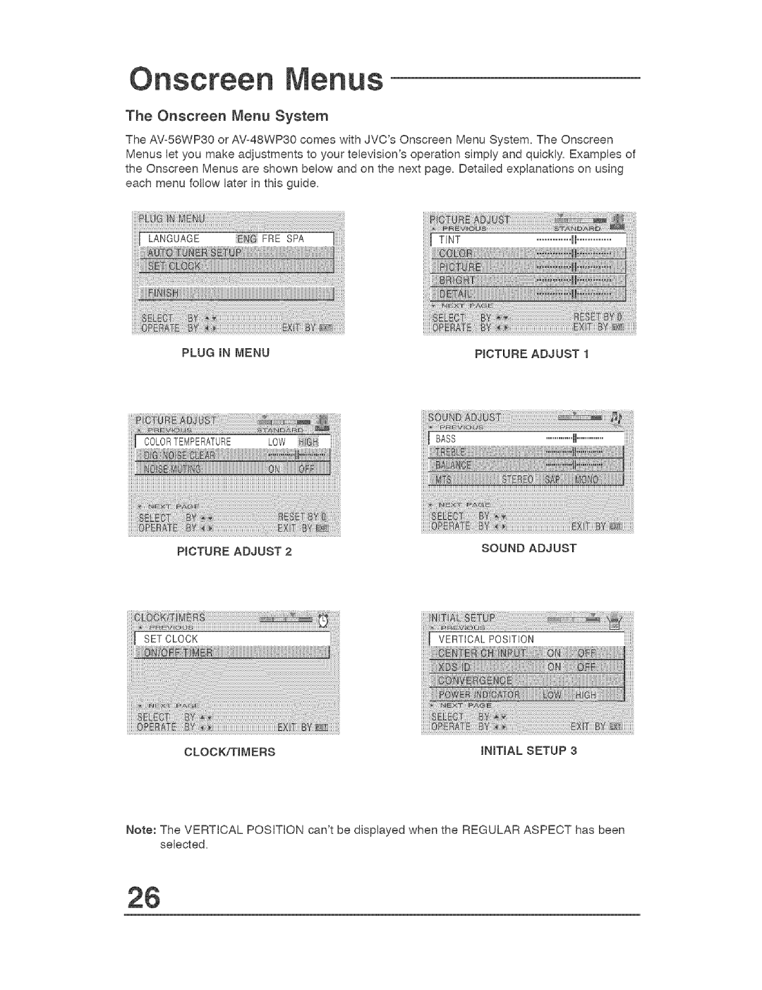 JVC AVO48WP30, AVO56WF30 manual Onscreen Menu System, Picture Adjust, Sound Adjust 