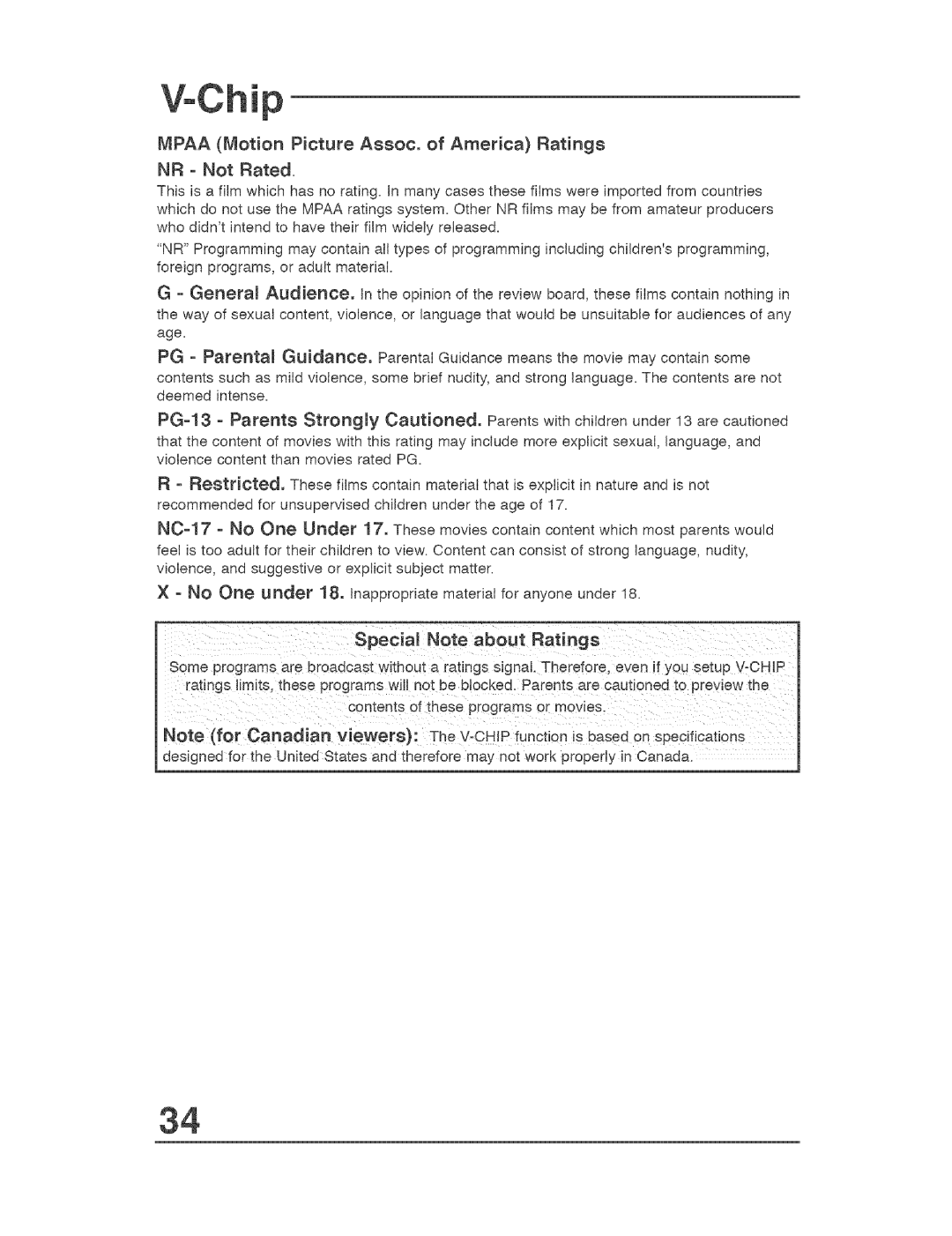 JVC AVO48WP30, AVO56WF30 manual Mpaa Motion Picture Assoe, of America Ratings, NR Not Rated 