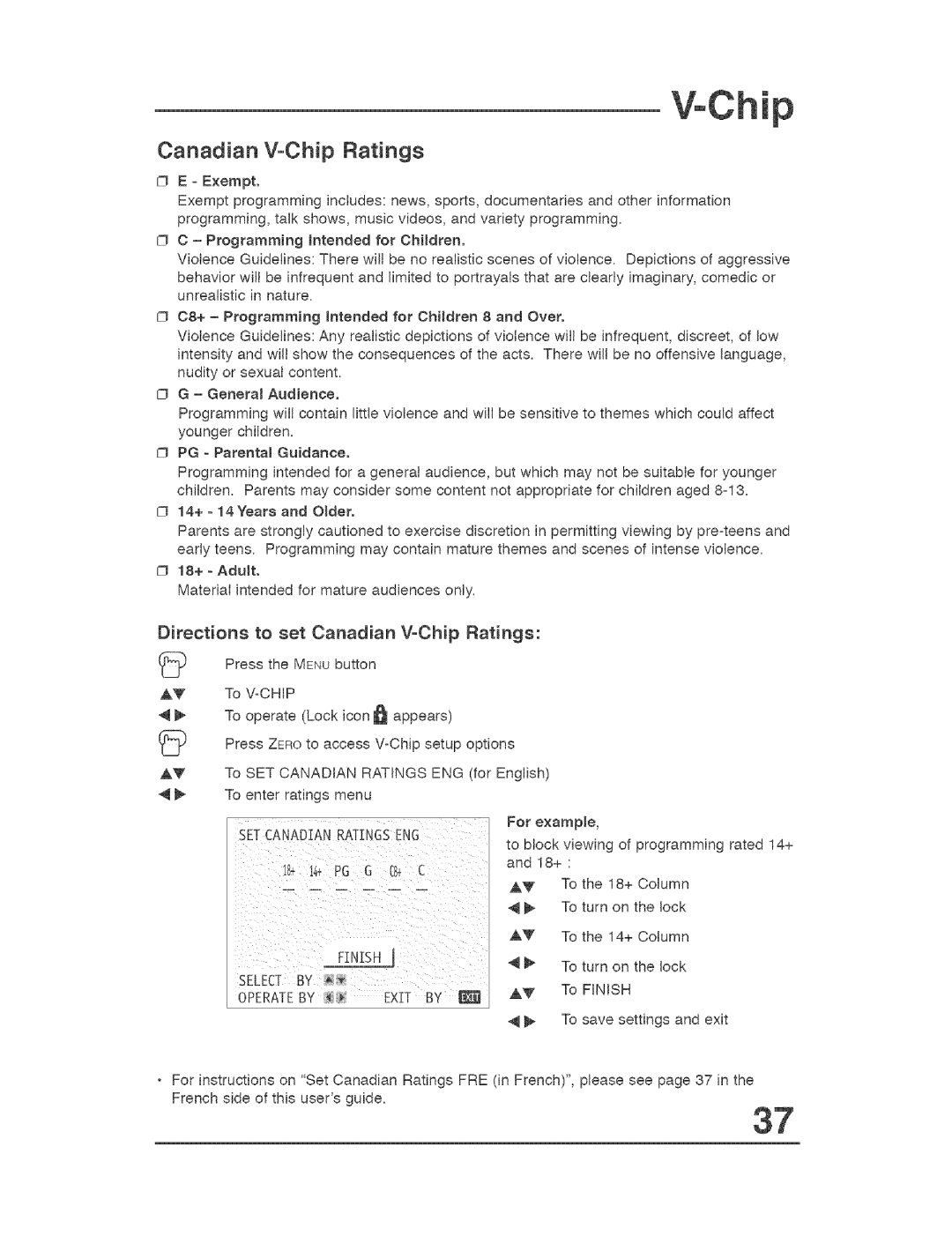 JVC AVO56WF30, AVO48WP30 manual Directions to set Canadian VoChip Ratings 