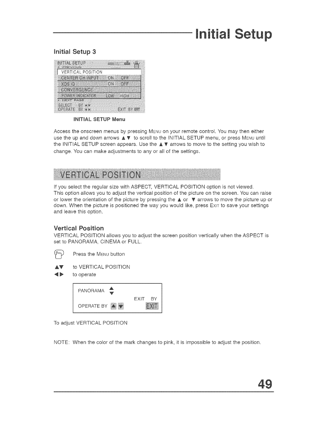 JVC AVO56WF30, AVO48WP30 manual Hitial Setup, To adjust Vertical Position 