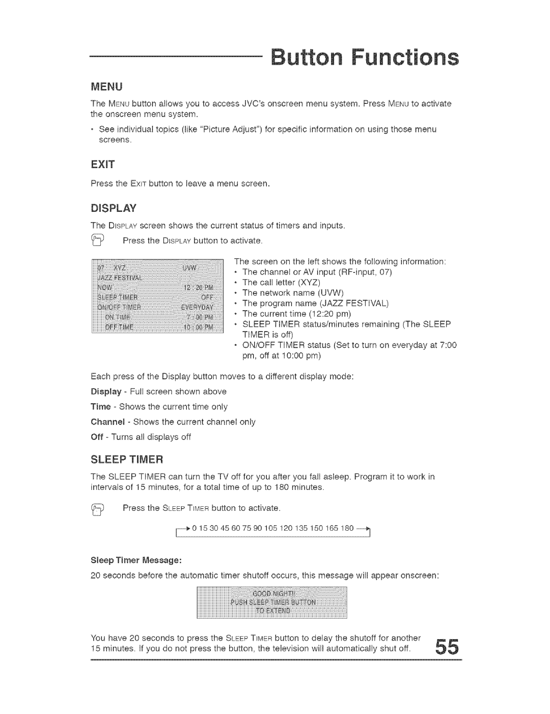 JVC AVO56WF30, AVO48WP30 manual Menu, Ext, Display, Sleep Timer 