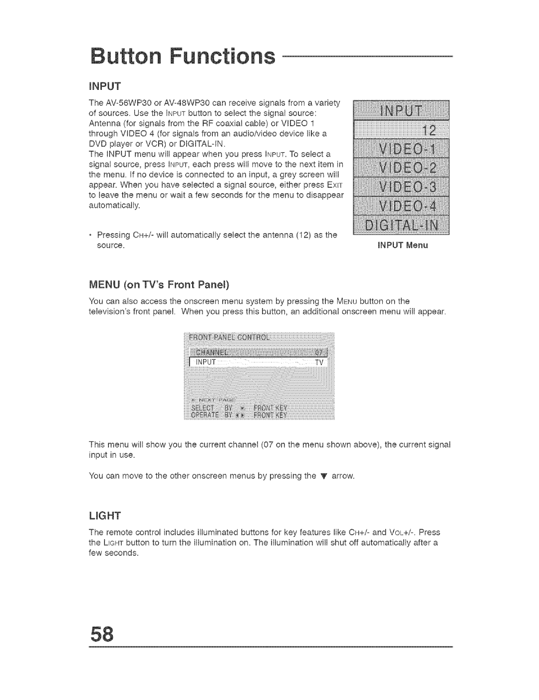 JVC AVO48WP30, AVO56WF30 manual Mnput, Menu on TVs Front Panel, Ught 
