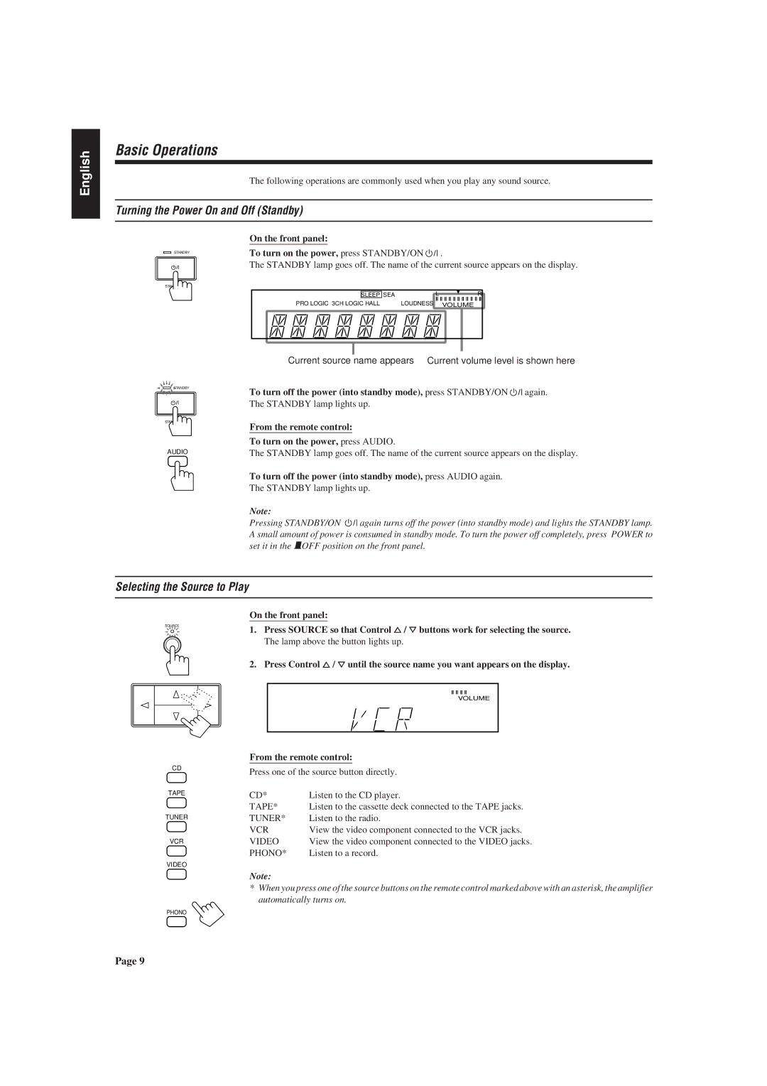 JVC AX-V55BK manual Basic Operations, Turning the Power On and Off Standby, Selecting the Source to Play 