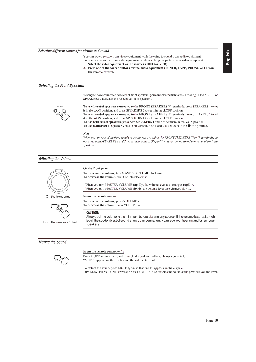 JVC AX-V55BK manual Selecting the Front Speakers, Adjusting the Volume, Muting the Sound 