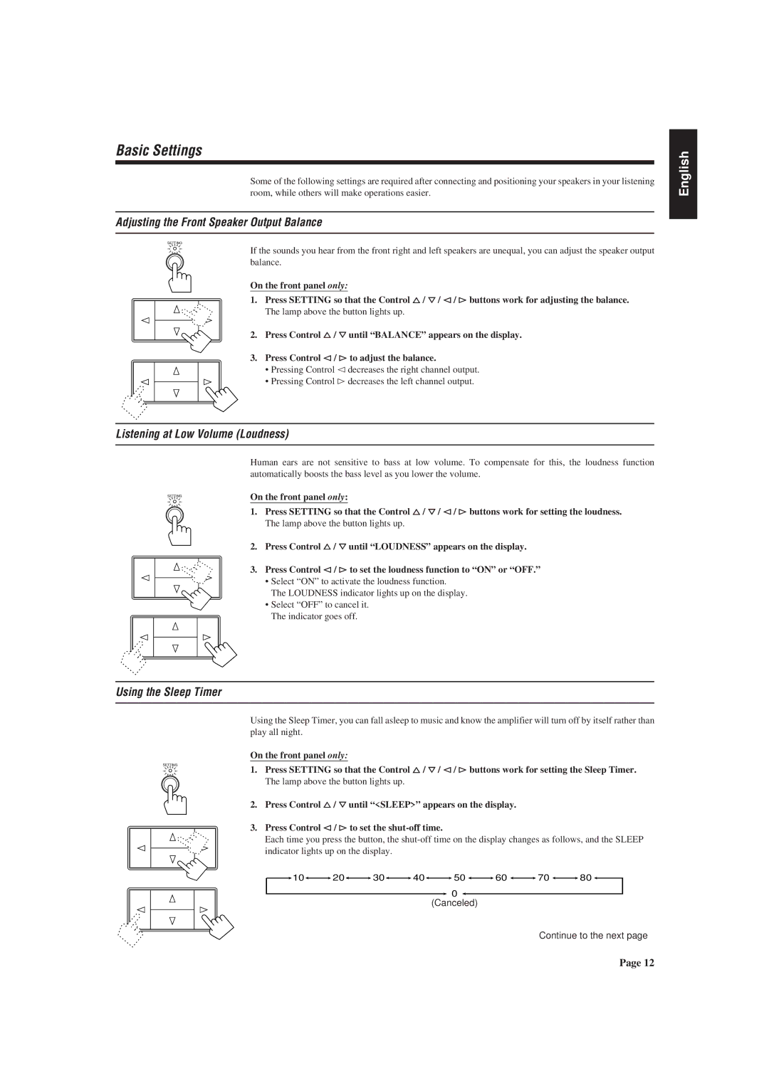 JVC AX-V55BK manual Basic Settings, Adjusting the Front Speaker Output Balance, Listening at Low Volume Loudness 