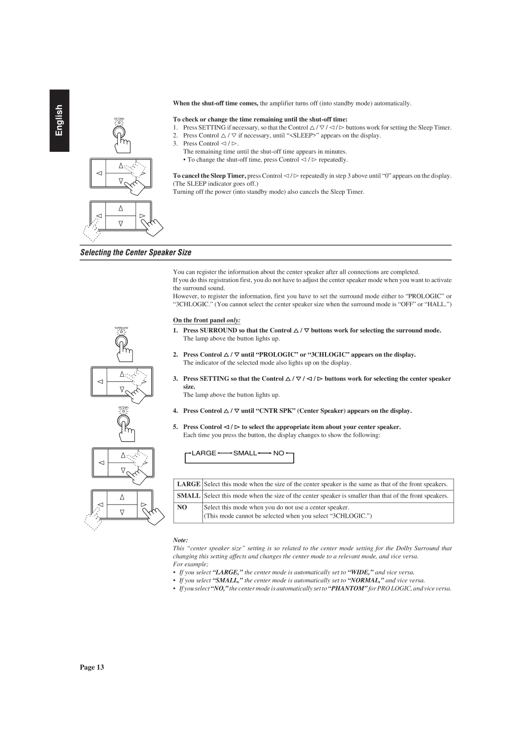 JVC AX-V55BK manual Selecting the Center Speaker Size, Large, Small 