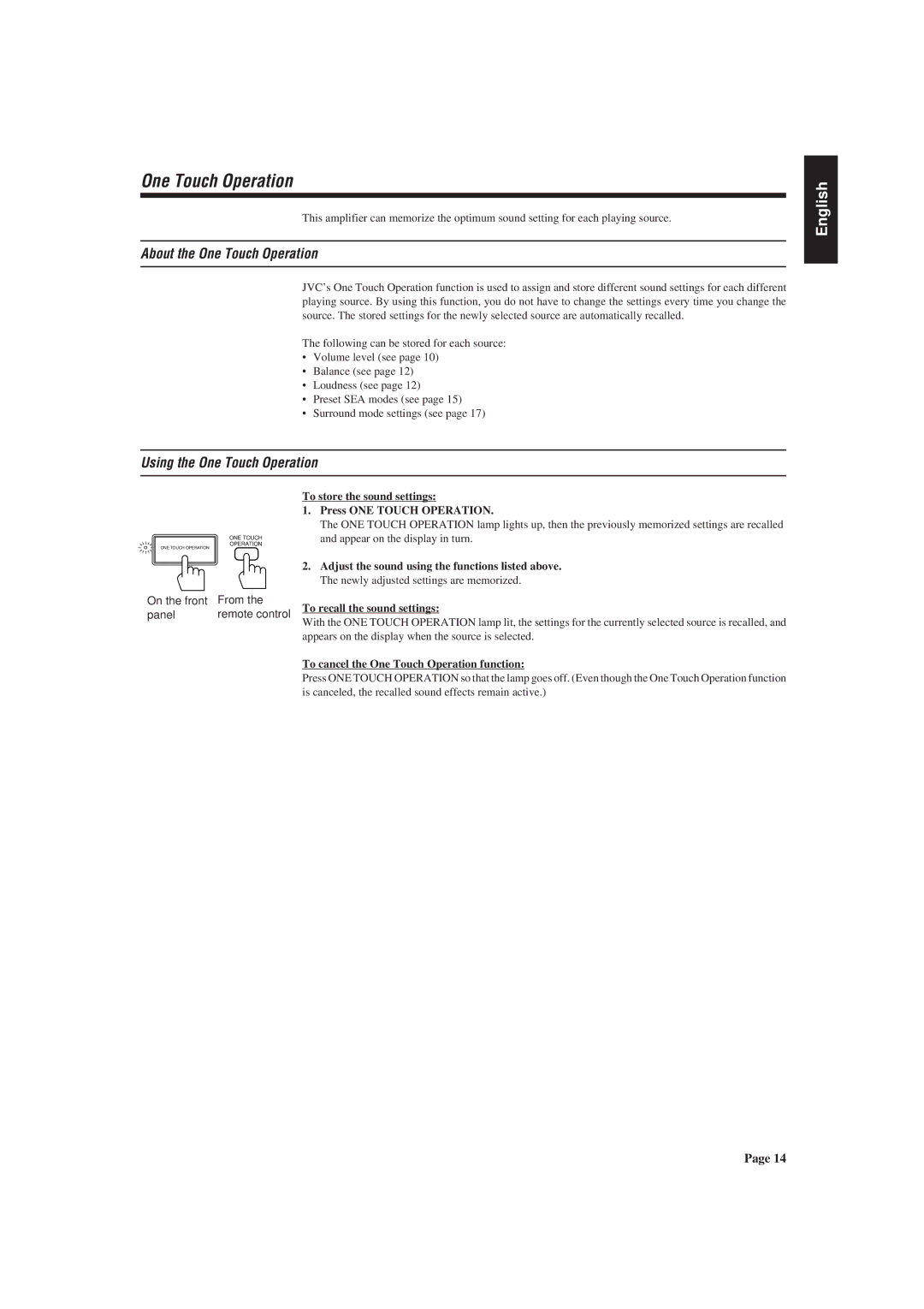 JVC AX-V55BK About the One Touch Operation, Using the One Touch Operation, To cancel the One Touch Operation function 