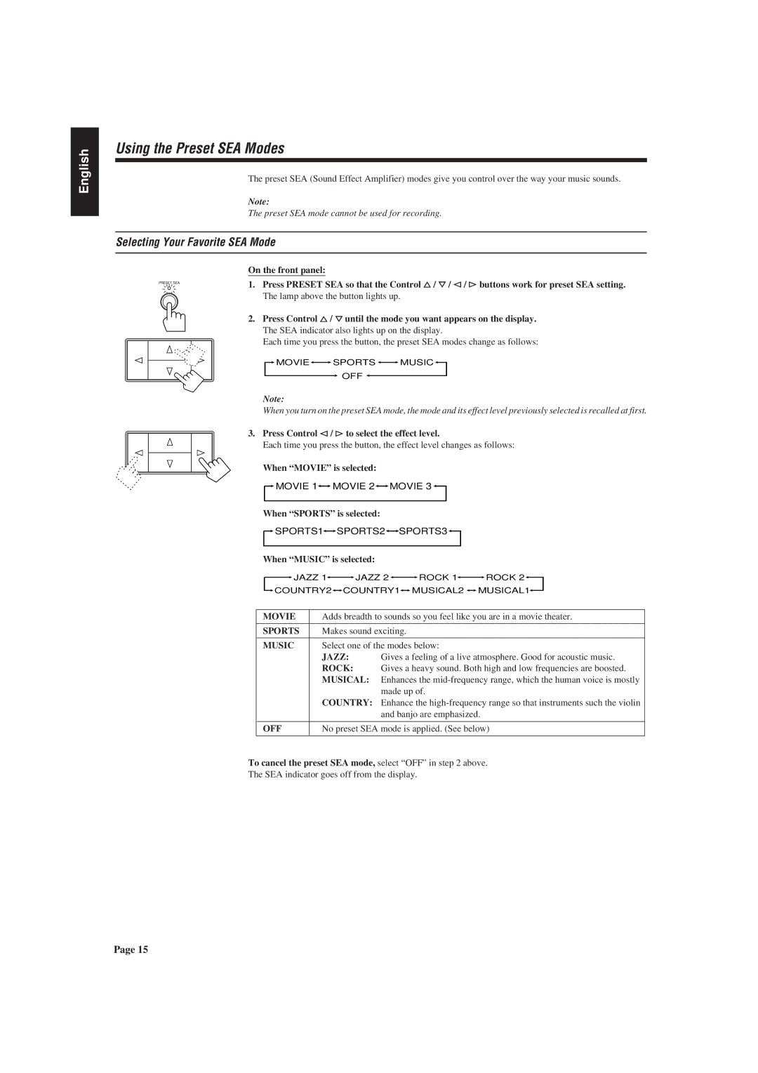 JVC AX-V55BK manual Using the Preset SEA Modes, Selecting Your Favorite SEA Mode 