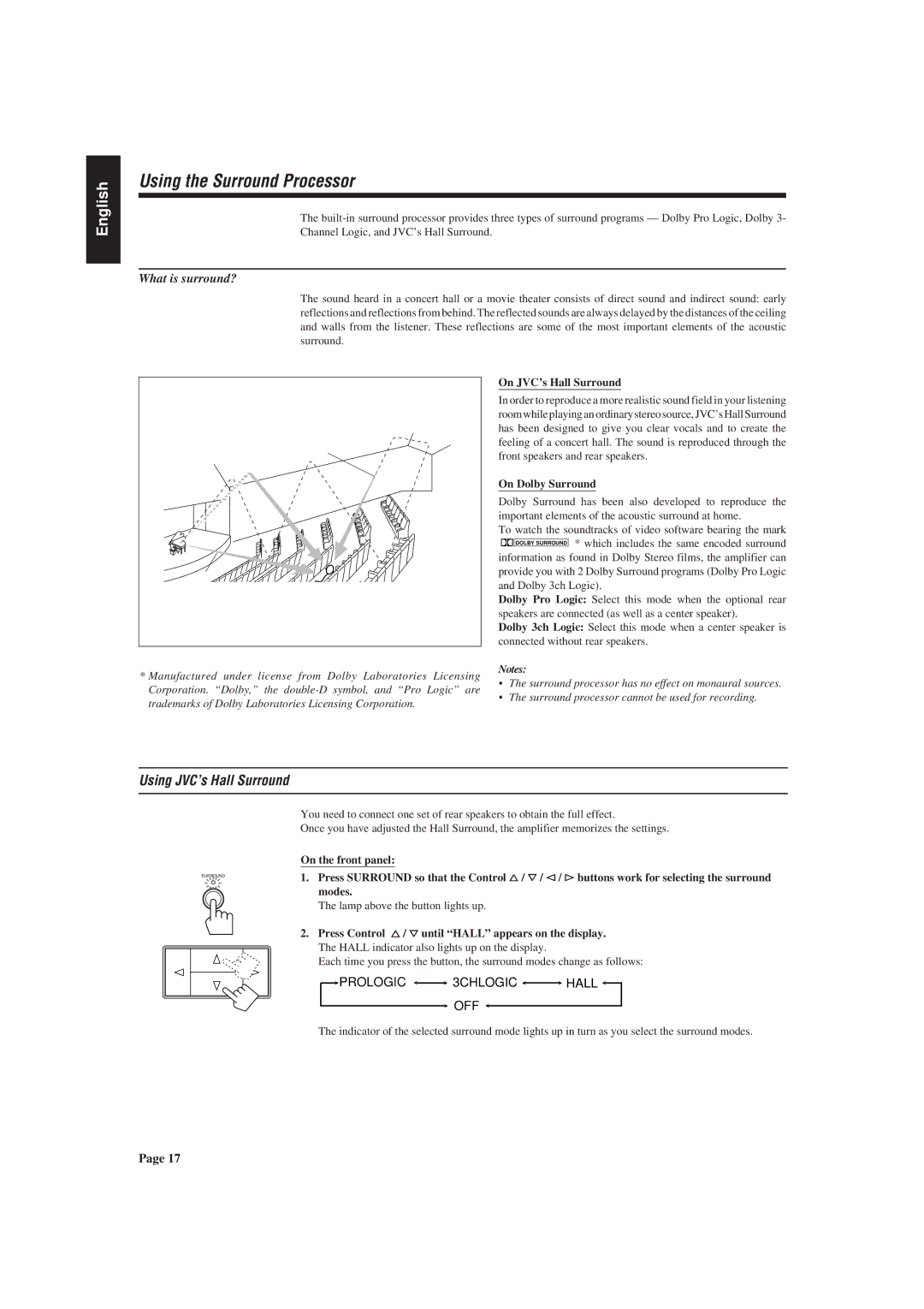 JVC AX-V55BK manual Using the Surround Processor, Using JVC’s Hall Surround, What is surround?, On JVC’s Hall Surround 