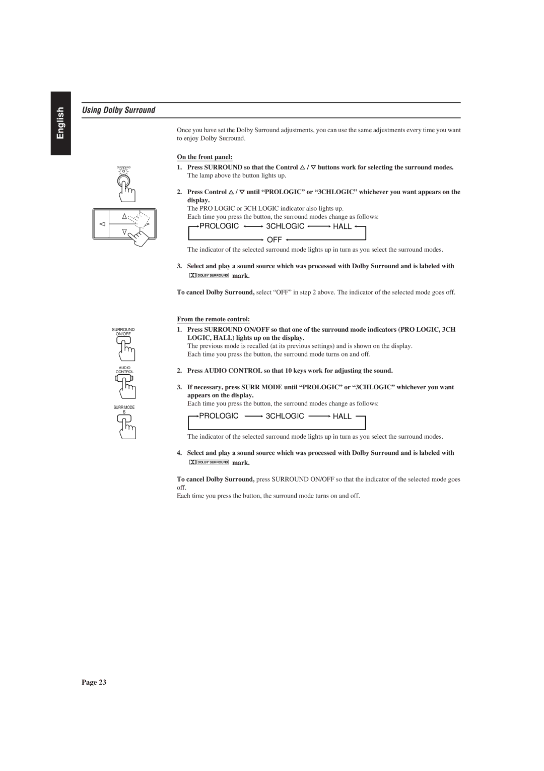 JVC AX-V55BK manual Using Dolby Surround, LOGIC, Hall lights up on the display 