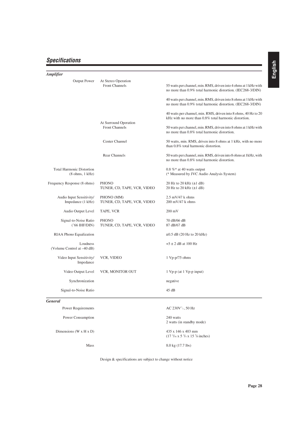 JVC AX-V55BK manual Specifications, Amplifier, General 