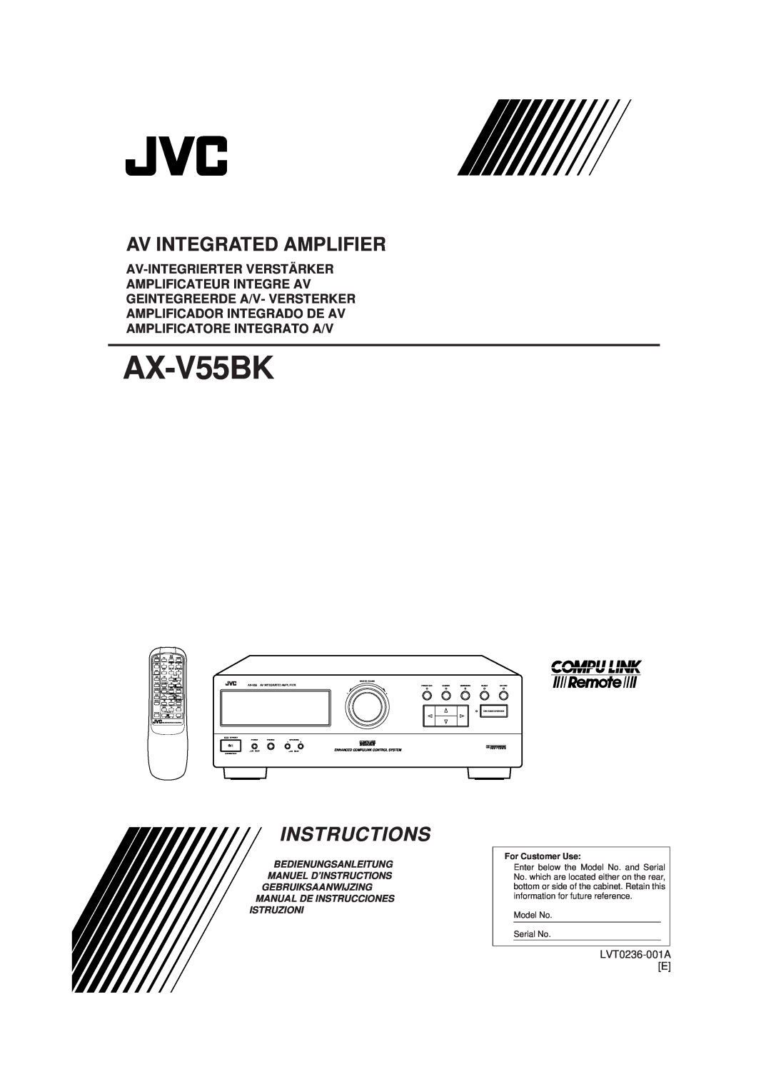 JVC AX-V55BK manual LVT0236-001A E, Av Integrated Amplifier, Instructions, Amplificatore Integrato A/V, For Customer Use 
