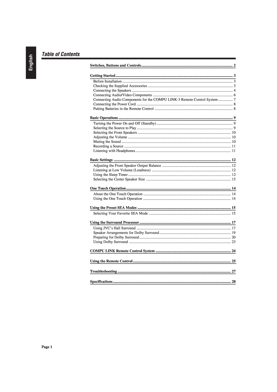 JVC AX-V55BK manual Table of Contents, English 