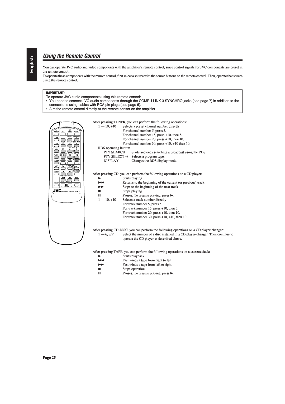 JVC AX-V55BK manual Using the Remote Control, English, To operate JVC audio components using this remote control 