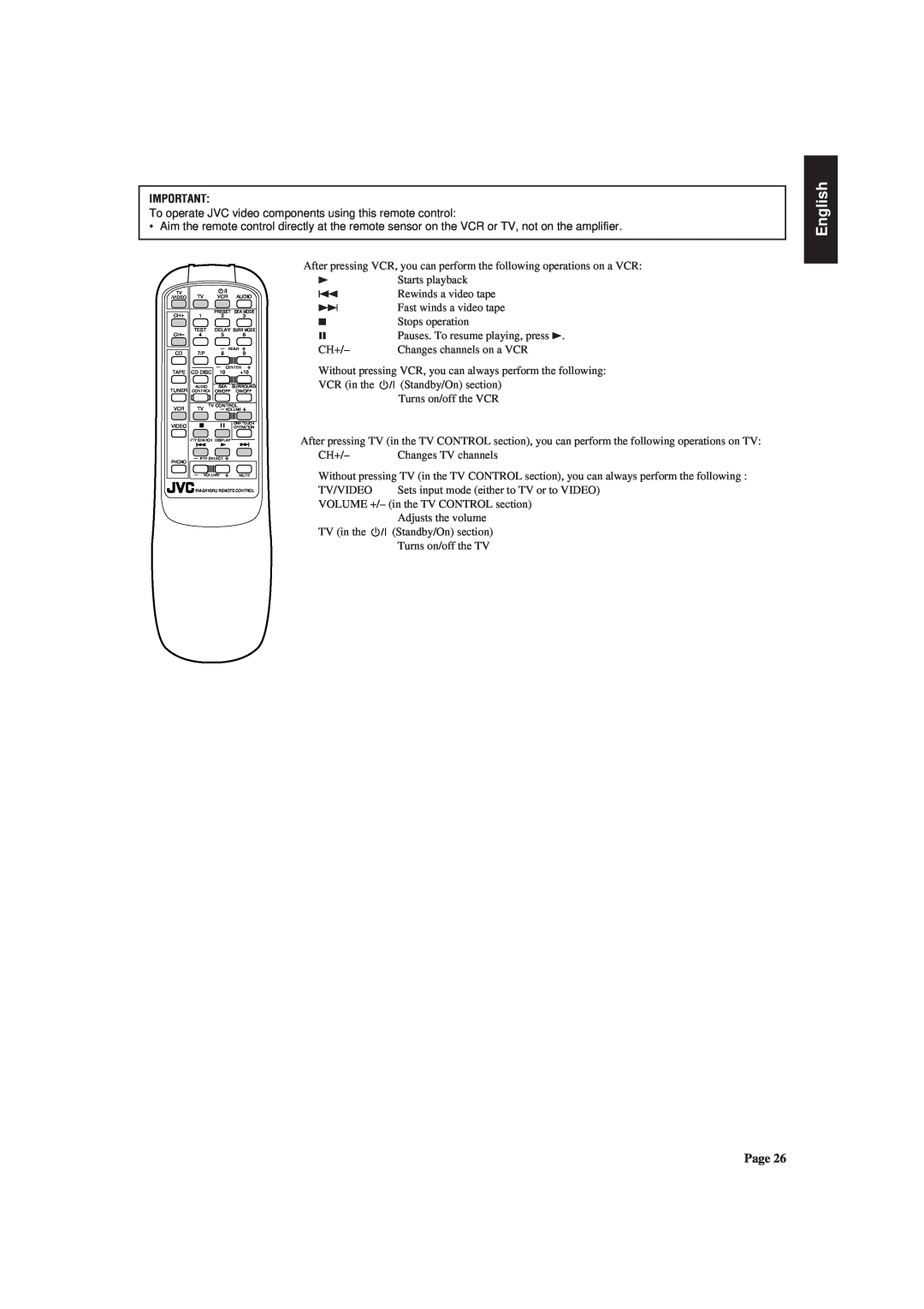 JVC AX-V55BK manual English, To operate JVC video components using this remote control 