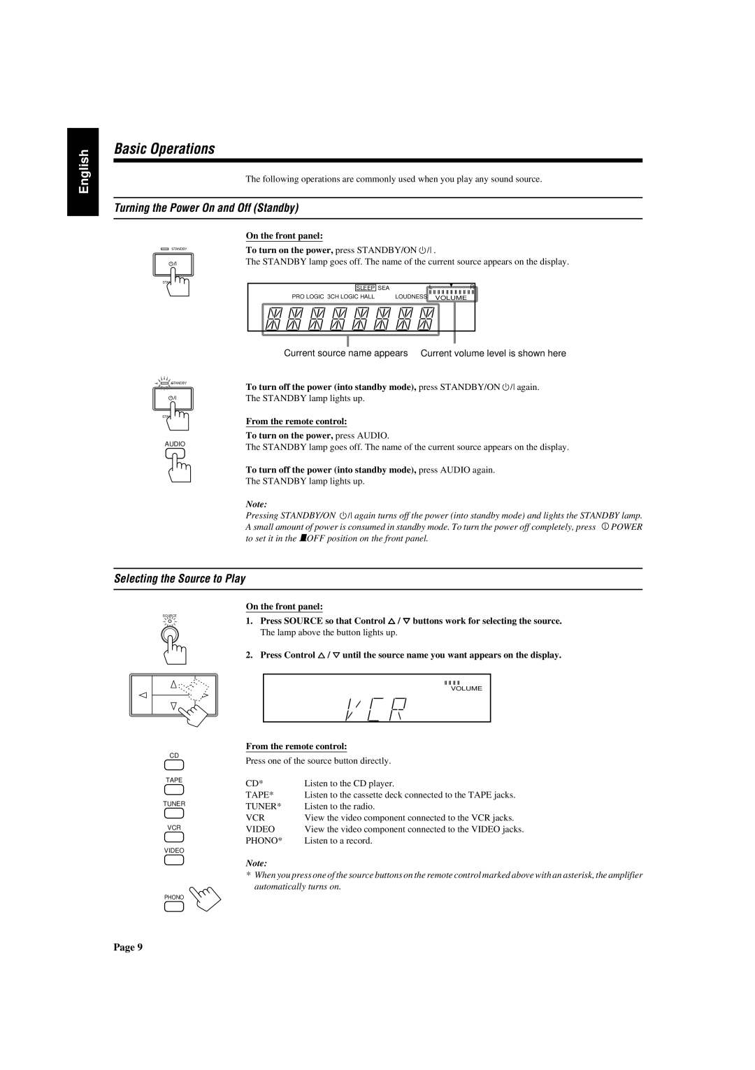 JVC AX-V5BK manual Basic Operations, Turning the Power On and Off Standby, Selecting the Source to Play 