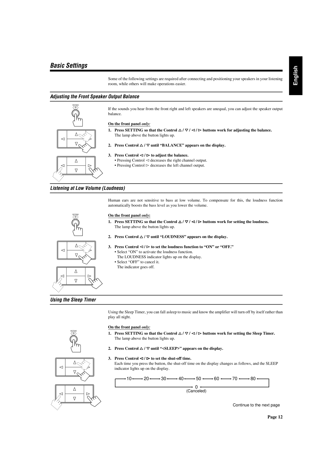 JVC AX-V5BK manual Basic Settings, Adjusting the Front Speaker Output Balance, Listening at Low Volume Loudness 