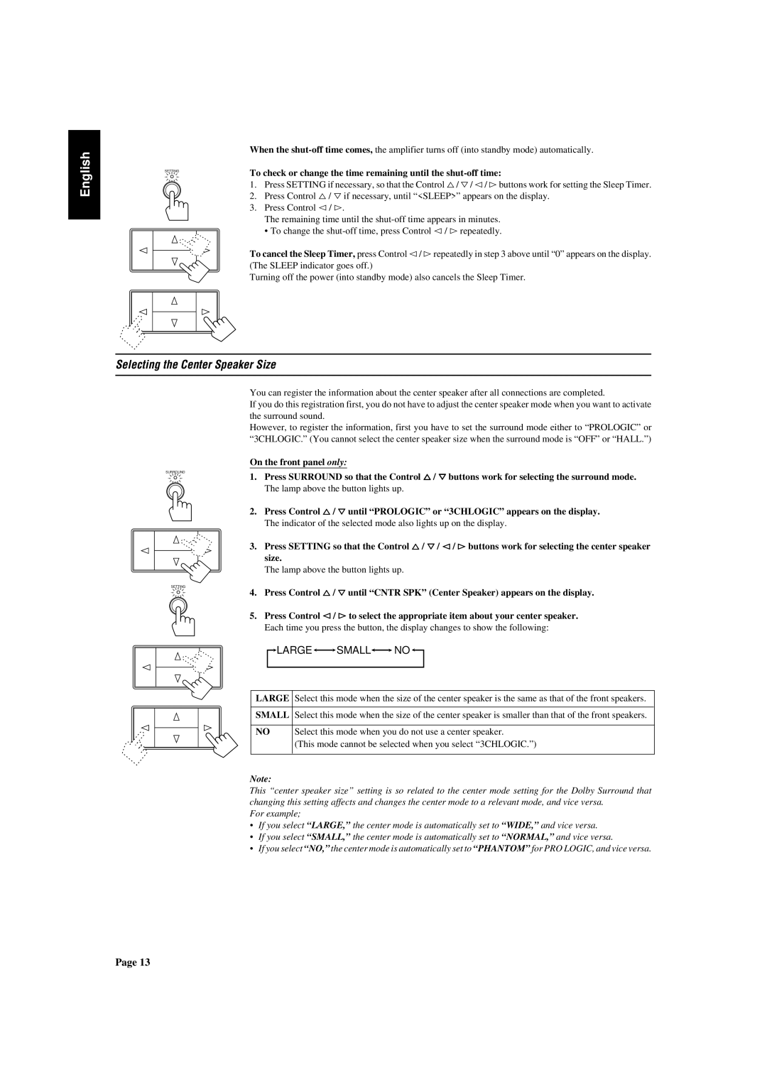 JVC AX-V5BK manual Selecting the Center Speaker Size, Large Small no 