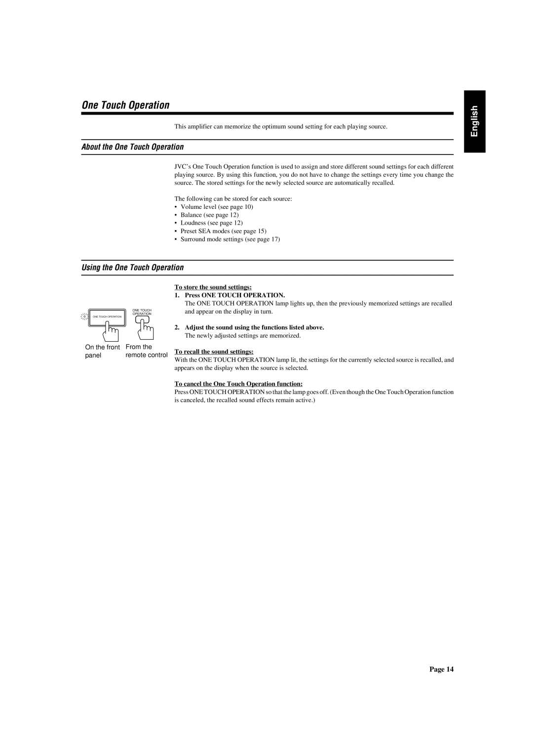 JVC AX-V5BK About the One Touch Operation, Using the One Touch Operation, To cancel the One Touch Operation function 