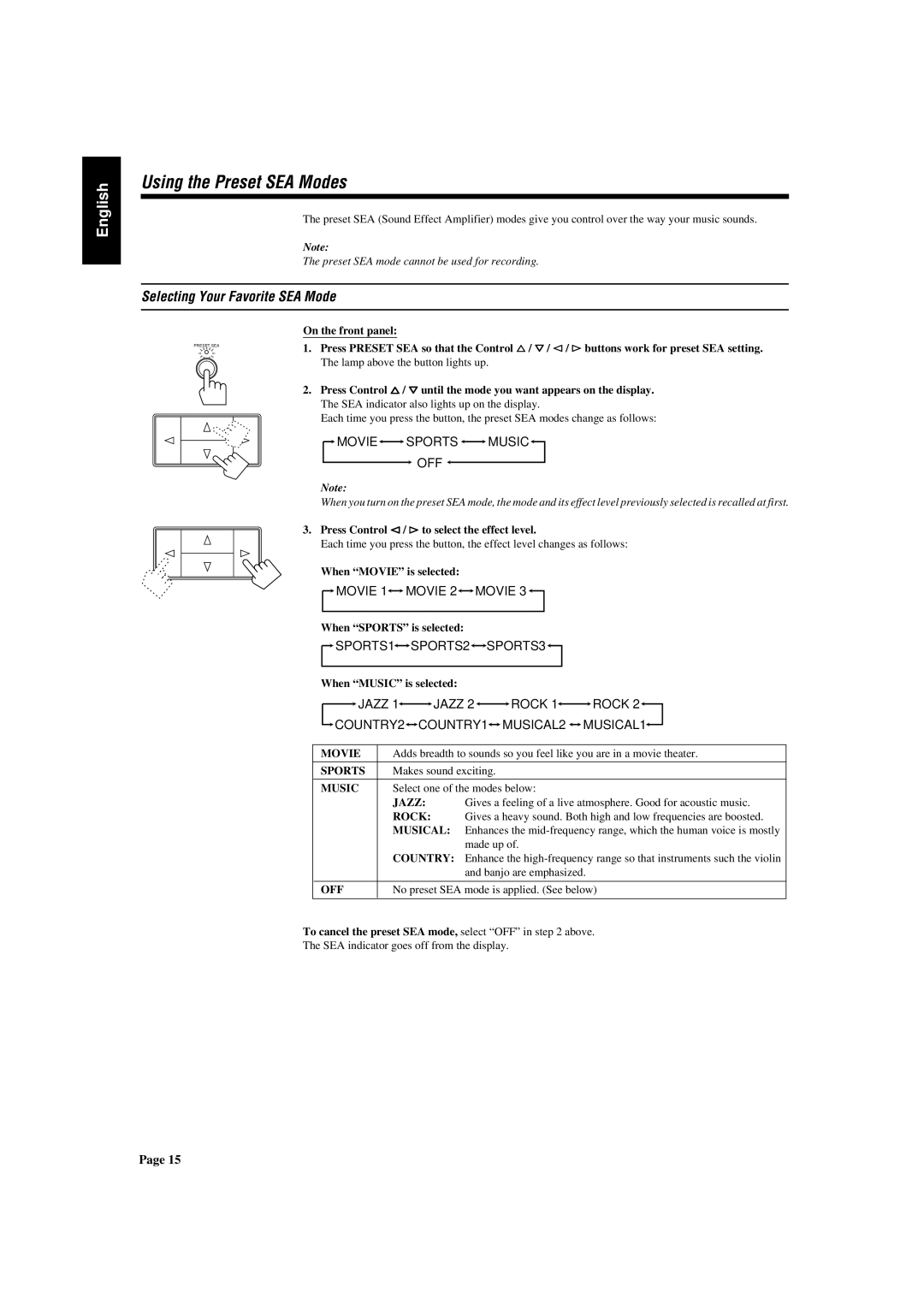 JVC AX-V5BK manual Using the Preset SEA Modes, Selecting Your Favorite SEA Mode 